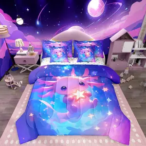 3D Kawaii Axolotl 7 Pieces Bedding Setstarry Sky Galaxy Bed Bag,Cartoon Salamander Bed Set,Includes Comfortersheet Set,Pillowcases  Bed Set