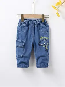 Baby Boys' Denim Jeans with Cartoon Dinosaur Embroidery, Casual Fashion Elastic Waist Pants, Perfect for Daily Play & Baby Boy Clothes