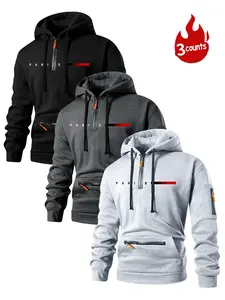 Men's Hooded Sweatshirt Set, Half-Zip Design, Kangaroo Pocket & Zipper Sleeves, Paris Print, Casual Fall Winter Wear