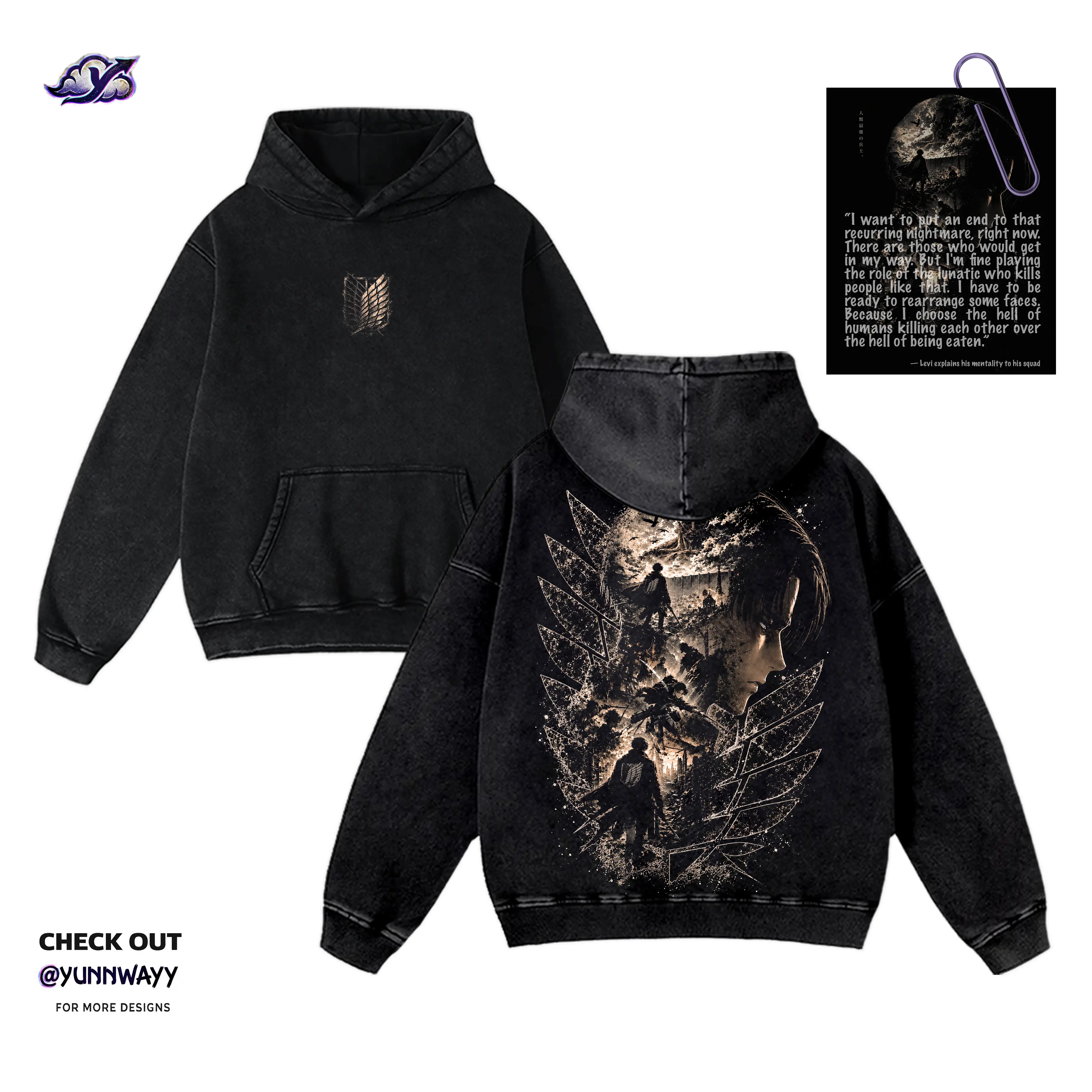 Men's Vintage Levi Ackerman Attack On Titan Dark Graphic Washed Hoodie Sweatshirt - Unisex 350gsm Heavyweight Cotton Pullover, Otaku Streetwear for Adult Anime Fans, Gift Japanese Anime Merch