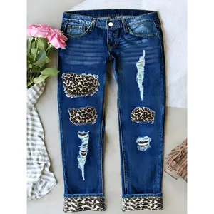 MHZ washed blue leopard print patchwork skinny jeans with multiple holes, buttons, built-in zipper closure, high waist, slim fit, casual and durable, street style, suitable for all seasons, women's plus size jeans