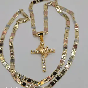 CROSS WITH CROWN fashion necklace three colors new style gold plated multi-stones