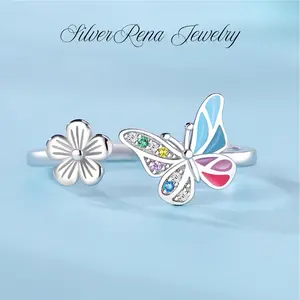 S925 Mother's Day Stylish Flower Open Ring with Exquisite Butterfly Colored Zirconia Design, Elegant and Casual Style Jewelry for Women, Perfect for Daily Wear and Party, Valentine's Day Birthday Gift for Her