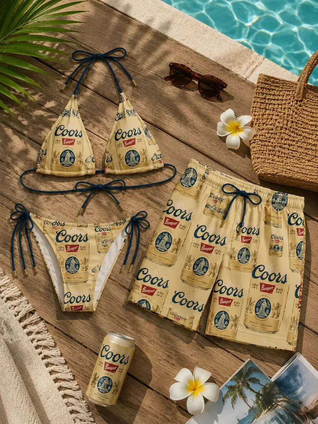 Women's Coors Banquet 2-Piece Bikini Set with Beach Shorts, Patriotic Beer Lover Swimwear for Summer Vacation Pool Parties