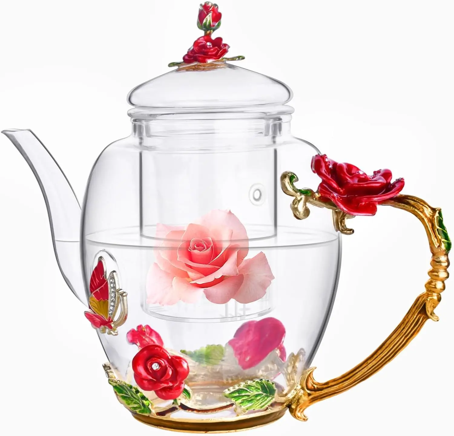 Enamel Glass Flower Tea Pot With Removable Loose Tea Leaf Infuser Tea Maker Teapot Set 30.4OZ Gifts for Women Mom Birthday