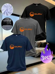 3-Pack Guru Letter Print Short Sleeve T-Shirts for Men, Breathable Cotton Summer Tees, Loose Fit Casual Tops, All-Season Wear