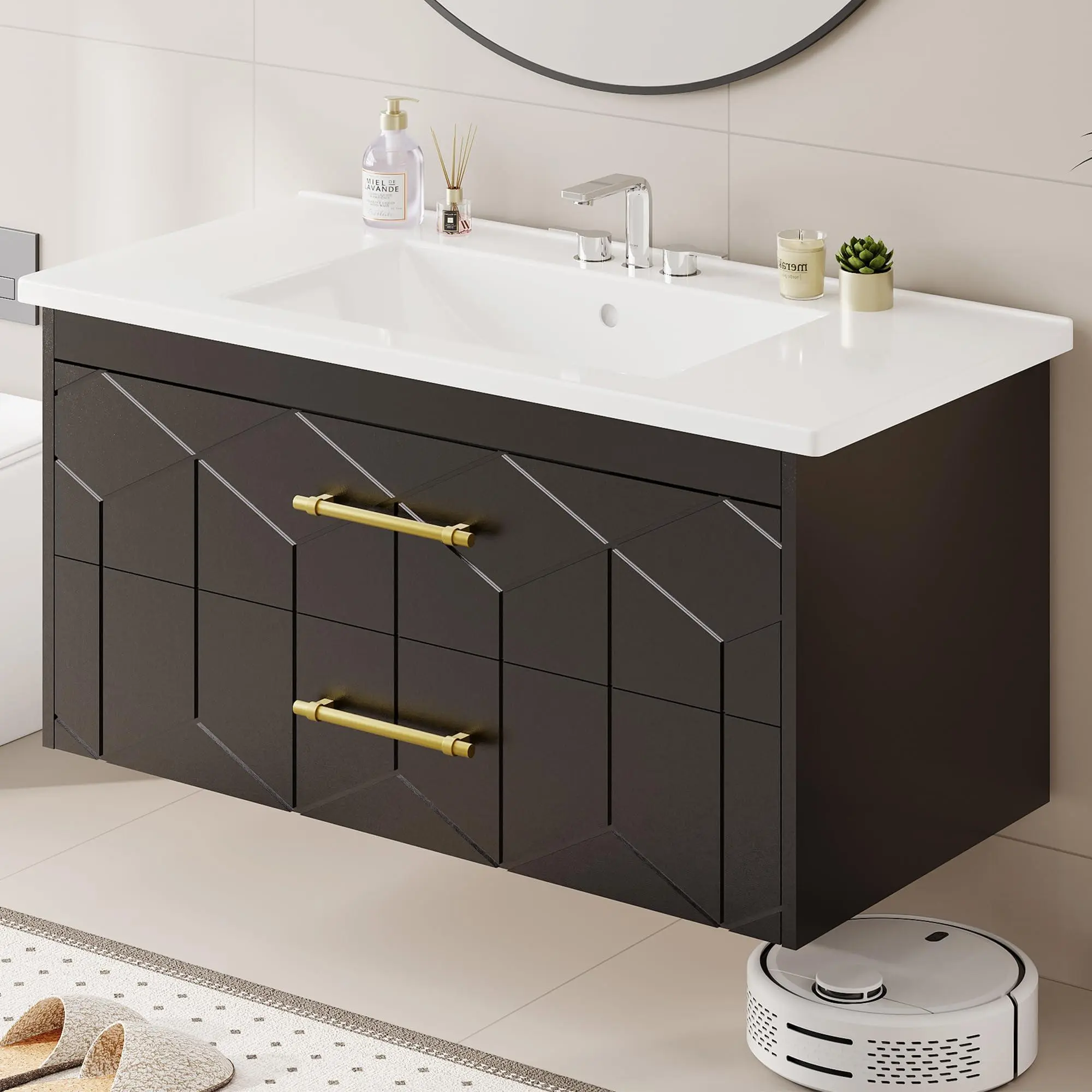 Gaomon 36-in Wall Mount Modern Floating Bathroom Vanity with Sink, Ceramic Top, 2 Large Drawers, Gold Metal Handles, Easy Assembly, Black Indoor Furniture Set