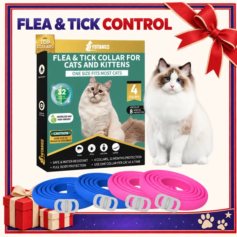 YOTANGO Rubber Cat Flea & Tick Prevention Collars Multi-Pack (4 Collars) - 32-Month Protection, Waterproof, Fashionable, Non-Greasy, Natural Essential Oils Treatment, 19in/48cm Adjustable, Safe & Effective for Cats Kittens blackfridaydeals2026