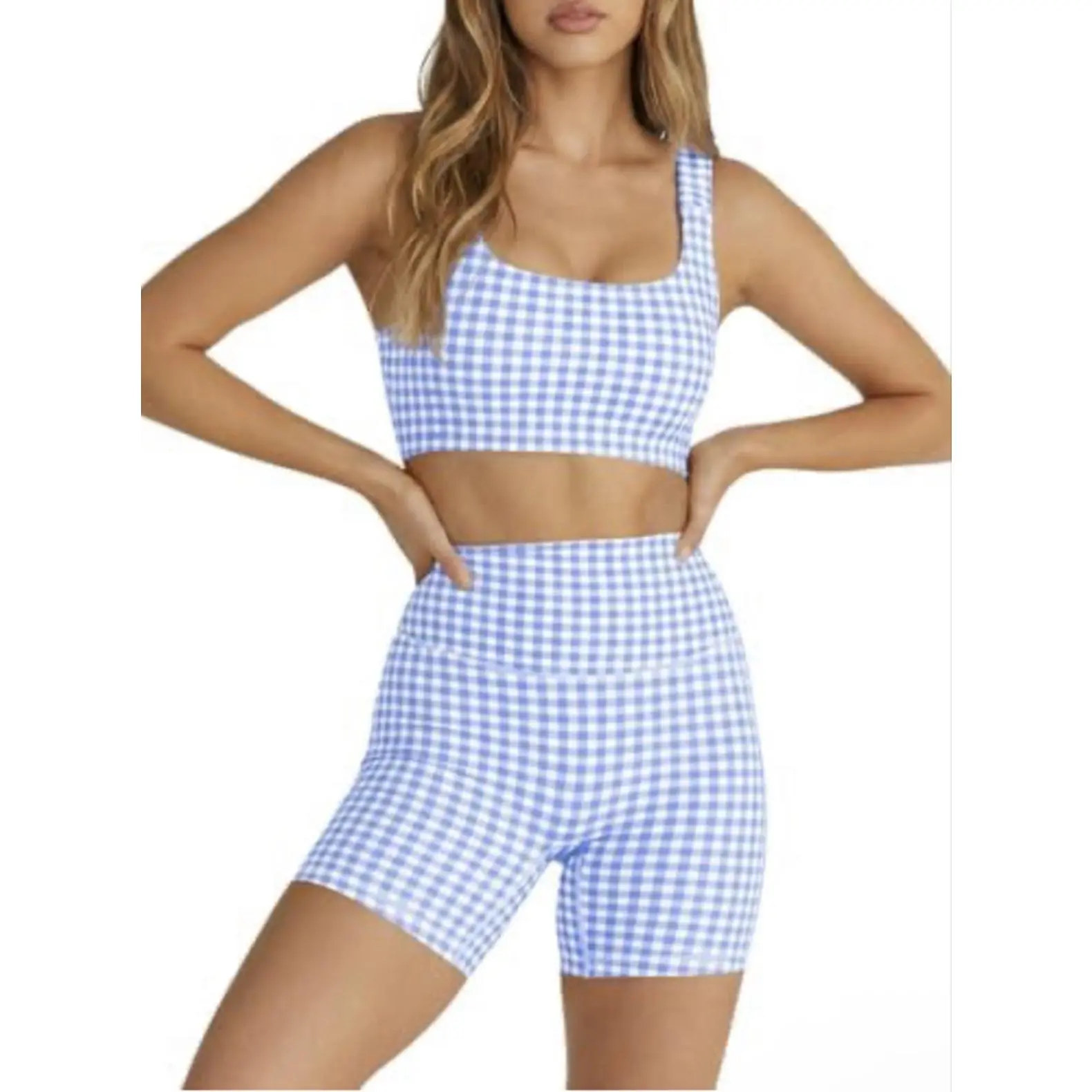 Blue & White Gingham 2-Piece Activewear Set for Women - Size Medium - Comfortable and Stylish
