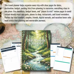 A5 70-page travel plan manual and journal  jungle stream-themed cover design notebook, portable itinerary checklist template, including daily journal, date, destination, budget, packing list, and other features, spiral binding, specially designed for tra