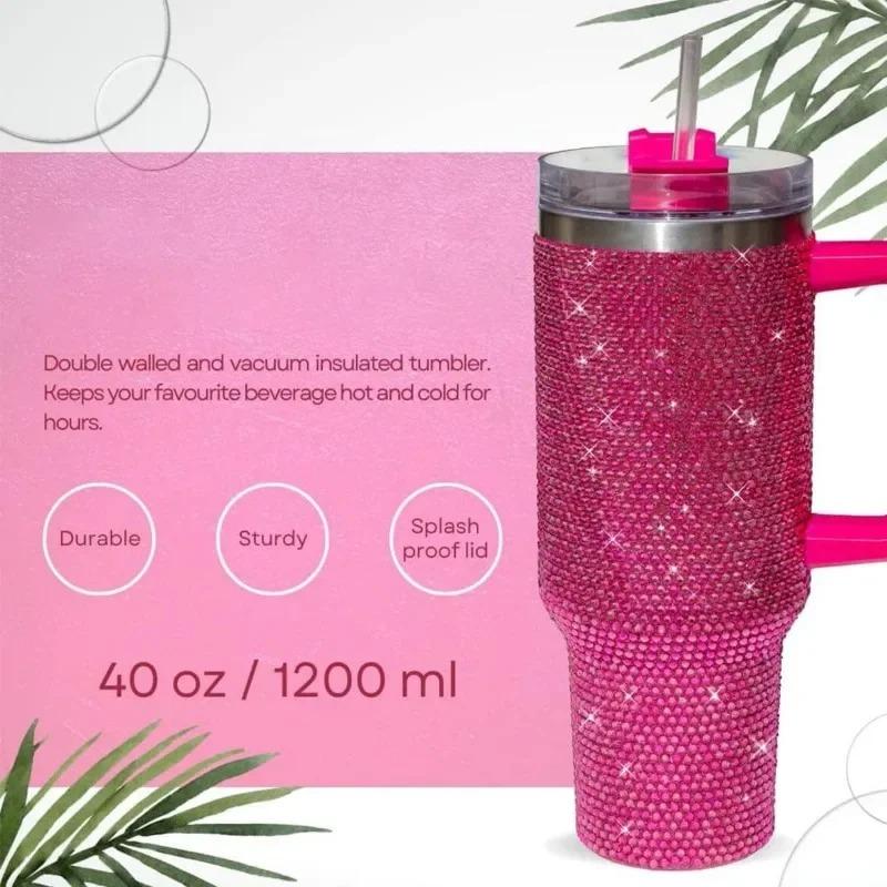 Car Stuff 40oz Shiny Diamond Stainless Steel Insulated Tumbler with Handle | Car Travel Mug | Keeps Hot & Cold