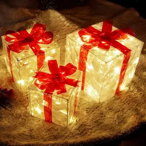 Christmas Lighted Boxes, Set of 3 60 LED Light Up Decor Outdoor, Light Up Christmas Boxes Present Decorations Outdoor Yard