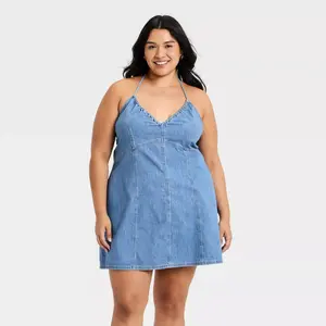 Women's Mini Halter Denim Dress - Universal Thread Medium Wash M