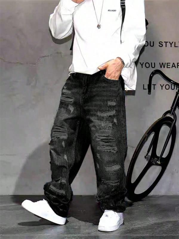 Men's Korean Style Casual Patched Ripped Wide Leg Jeans, Loose Fit Straight Tube Pants, Trendy Cool Design, All Seasons