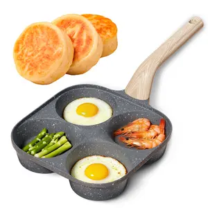 Grey Non-stick Hole Design Egg Frying Pan, 4 Hole Skillet with Handle, Small Egg Fry Pan 3-in-1 Divided Grill Pan, Wooden Handle Stone Omelet Non-stick Cookware, Breakfast Pancake Pan, Kitchen Gadgets for Gas and Induction Cooktops gas stove