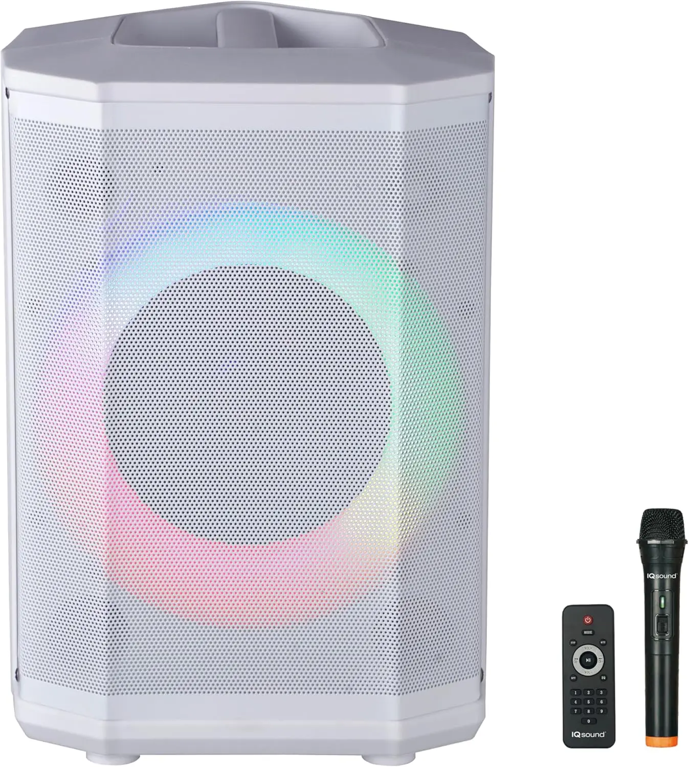 Supersonic IQ Sound IQ-6708DJBT 8” Rechargeable Portable Bluetooth Audio Speaker, TWS, Colorful LED Light Show, FM Radio, Microphone, Remote, Streaming Capability, White