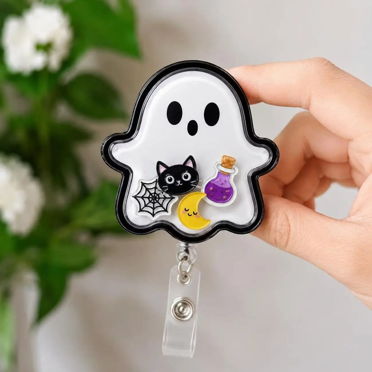 Halloween Ghost Shaker Badge Reel, Cute Black Cat ID Holder, Spooky Retractable Badge Clip, Halloween Gift for Nurse and Teacher