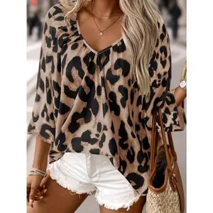 Elegant Specialty Women’s V-Neck Leopard Print Blouse with Shoulder Sleeves, Loose Fit Fashion Shirt, Polyester Woven, for Spring/Fall Season - Adult