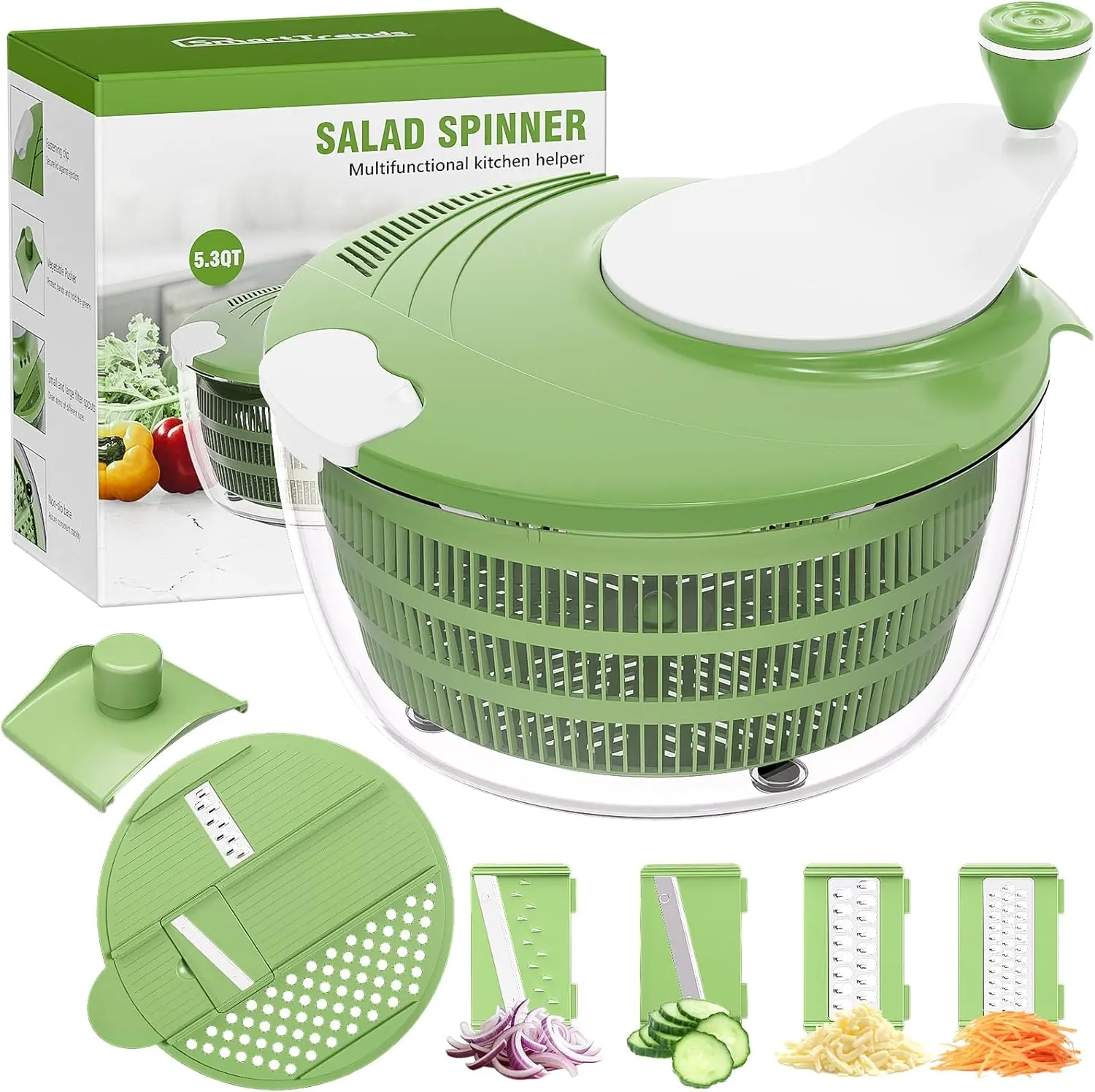 Salad Spinner, 5.3 QT Lettuce Spinner with Strainer, Fruit Cleaner with 4 Replaceable Blade for Shredding, Slicing and Pureeing, Salad Washer & Dryer for Quick Washing (Green)