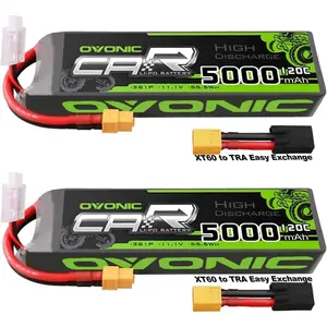 OVONIC 3S LiPo Battery 11.1V 5000mAh 120C Rechargeable battery with XT60 and TRA Plug, Perfect Match RC Car RC Truck like traxxas slash(2 Packs)