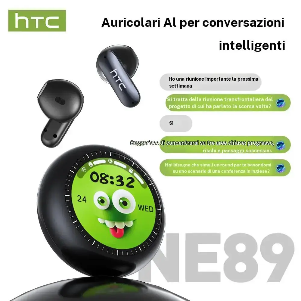 HTC NE89 AI Bluetooth Earbuds: In-ear design with Bluetooth 6.0 and a smart LED touchscreen. Features include real-time translation for over 134 languages, touch controls, and a sweat-resistant design—perfect for running.