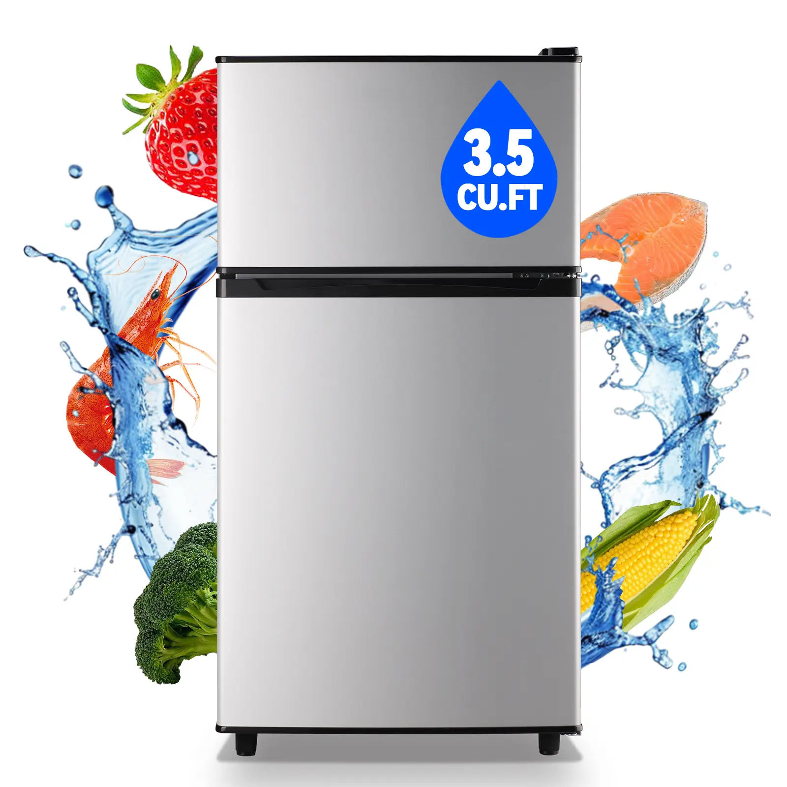 WANAI 3.5 Cu.Ft Double-Doors Small Refrigerator with Top Freezer, 17.5" Wide, 7-Setting Temp Control, for Office Users, Dorm, Apartment, Freezer Top