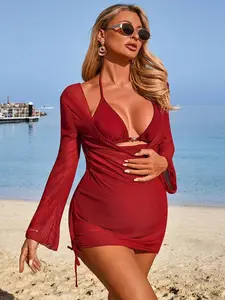 ROSY x Swim Vcay Pregnant Women's Summer Beach Solid Color Halter Tie Sexy Bikini And Triangle Panty Swimwear Set With Dress