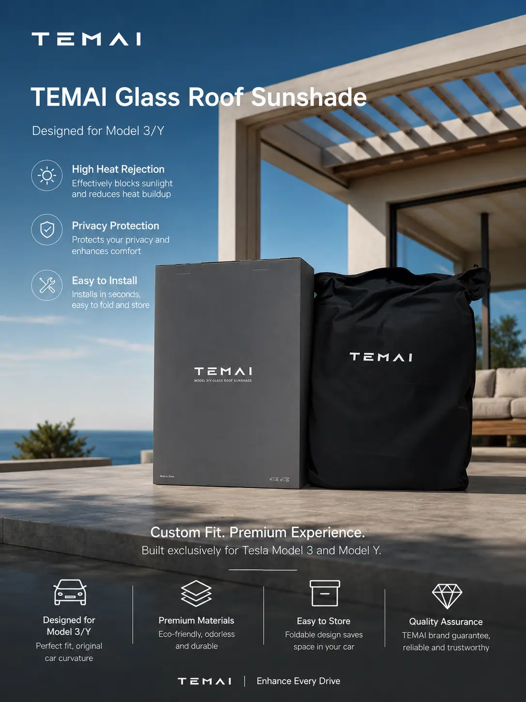temai Tesla Model 3/Y Roof Sunshade 2020-2024 UV Protection Heat Insulation Cover