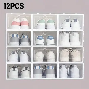 12 Stackable Foldable Shoe Boxes, Dust-Proof Transparent Plastic Storage Bins, Space-Saving Flip-Top Shoe Rack, Organizer, Folding Shoe Organizer