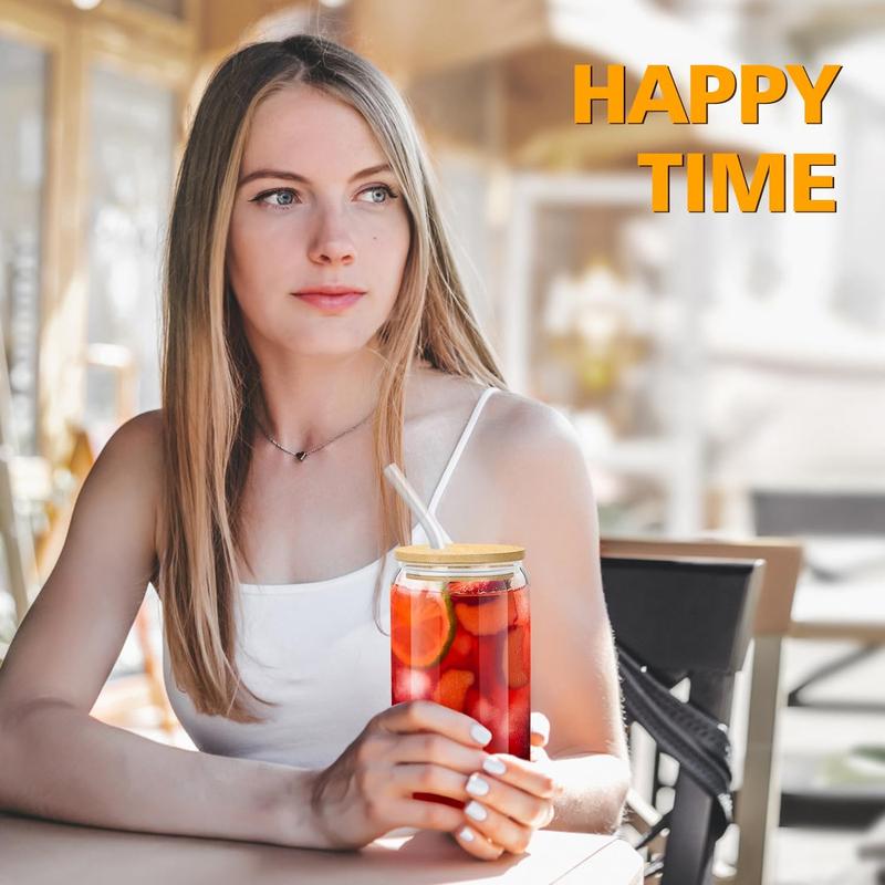 [ 12pcs Set ] Drinking Glasses with Bamboo Lids and Glass Straw - 16oz Glass Cups, Beer Glasses, Iced Coffee Glasses, Cute Tea Cup, Ideal for Cocktail, Whiskey, Gift - 2 Cleaning Brushes