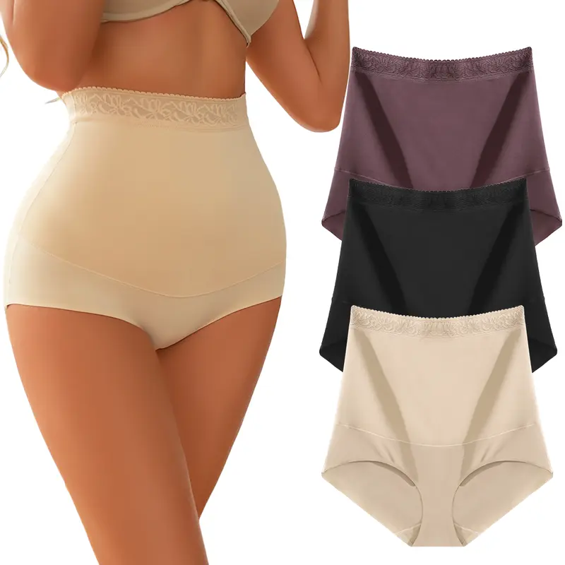 FINETOO Unite Store 3PCS High Waisted Underwear for Women Tummy Control Underwear Lace Waistband Design Soft Nylon Stretchy No Show S-3XL Womenswear