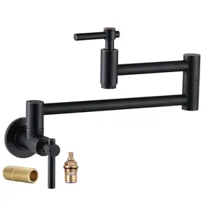 WOWOW Modern Single-Hole Wall-Mount Pot Filler Kitchen Faucet - Solid Brass Oil-Rubbed Bronze Tap with 2 Handles, Stretchable Double-Joint Swing Arm, Cold Water Function, Quick Install for Commercial Kitchens