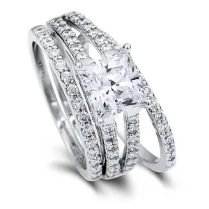 BERRICLE Sterling Silver Solitaire Engagement Rings Statement Stackable Band Split Shank Ring Set for Women, 2 Carat Princess Cut Cubic Zirconia CZ