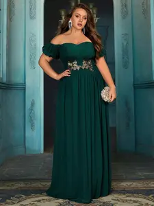 Plus Size Dark Green Bridesmaid Dress | Off Shoulder Chiffon Pleated Maxi Gown for Wedding Party | Elegant Formal Evening Dress with Floral Applique Chic Women