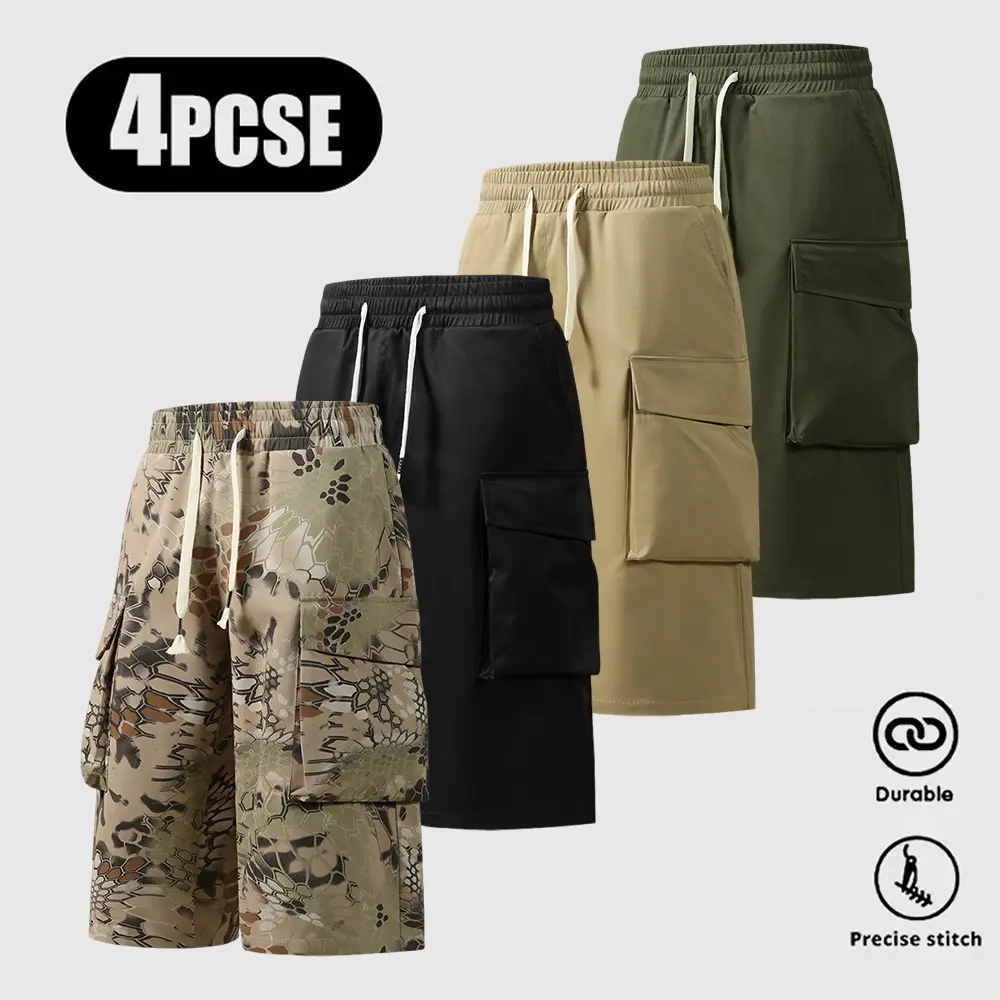 Men’s solid-color cargo shorts, 4-pack, featuring a durable, relaxed fit design with a drawstring waistband and flap pockets. This multifunctional pair of long pants is made from non-stretch fabric and suitable for work and everyday casual wear.