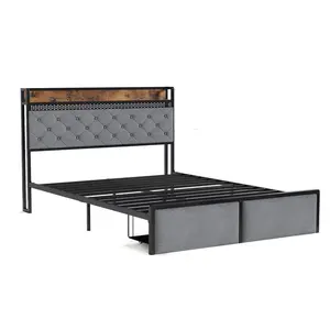 Garvee Upholstered Platform Bed Frame for Children with LED Headboard 2 Storage Drawers USB Charging Ports Sturdy Metal Design Easy Assembly – King Size Gold and Beige