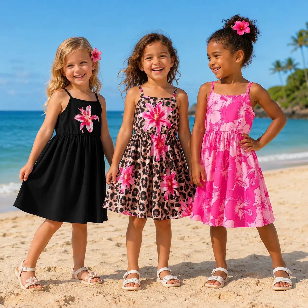 3PCS Girls Summer Dress Set for 4-7 Years | Black Lily, Leopard Floral & Pink Tropical Print Sleeveless Sundresses