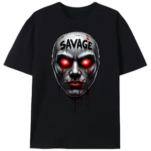 Savage Red Eye Bloody Horror Face T-Shirt, Unisex Hardcore Streetwear Graphic Tee, Spooky Halloween Horror Casual Shirt
