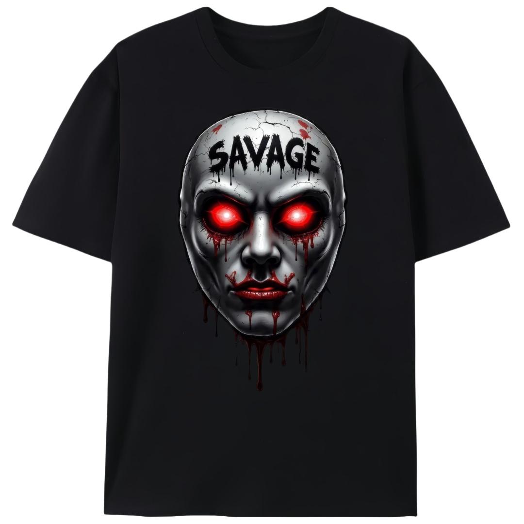 Savage Red Eye Bloody Horror Face T-Shirt, Unisex Hardcore Streetwear Graphic Tee, Spooky Halloween Horror Casual Shirt