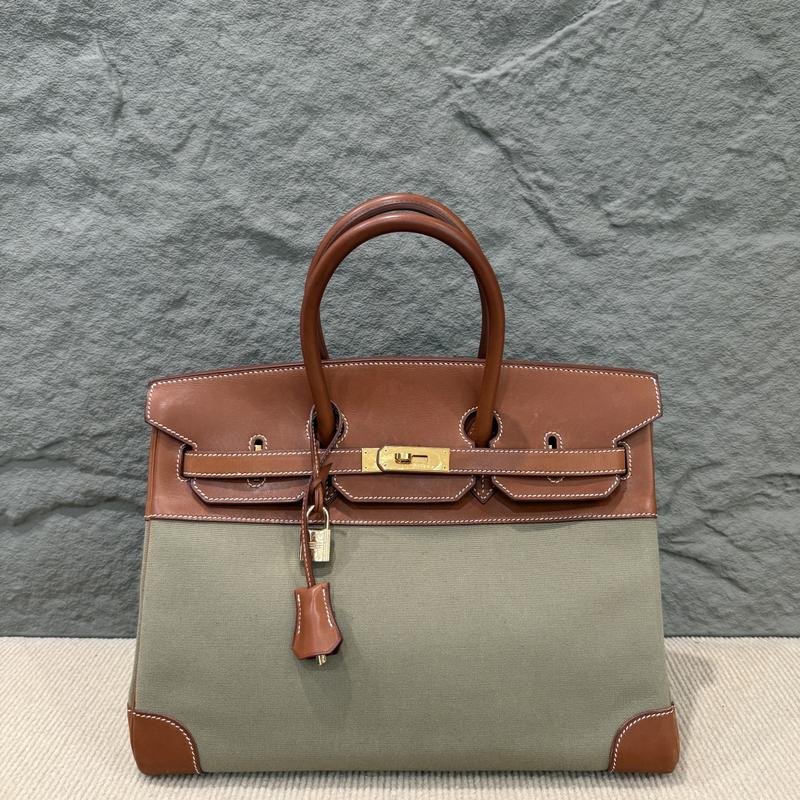 Pre-owned HERMÈS Leather tote bags Hermes Birkin 35 Canvas Barenia Faubourg 6A Cardamone 34 Fauve (kr1209m0)