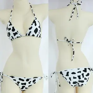 Womens Bikini Set Japanese Style Cute Milk Cow Dotted Mini Bikini Sets Underwear Halter Neck Bras Top with Briefs Panty