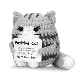 1pc Handmade Crochet Tiny Cat with Cheer Up Card, Knitted Cute Cat Doll for Room Office Desktop Decoration, Creative Positive Potato Cat for Christmas and Birhtday Gift for Girls, Soft Stuffed Animal
