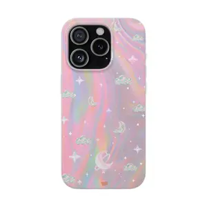 Holographic Pastel Galaxy iPhone Case – Cute Celestial Cloud & Moon Aesthetic