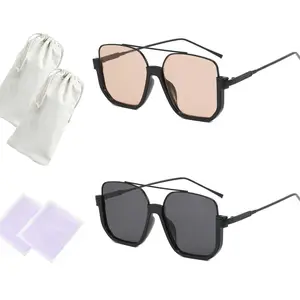 Retro Oversized Aviator Sunglasses for Women Men Square Double Bridge Pilot Sun Glasses 70s Trendy Shades
