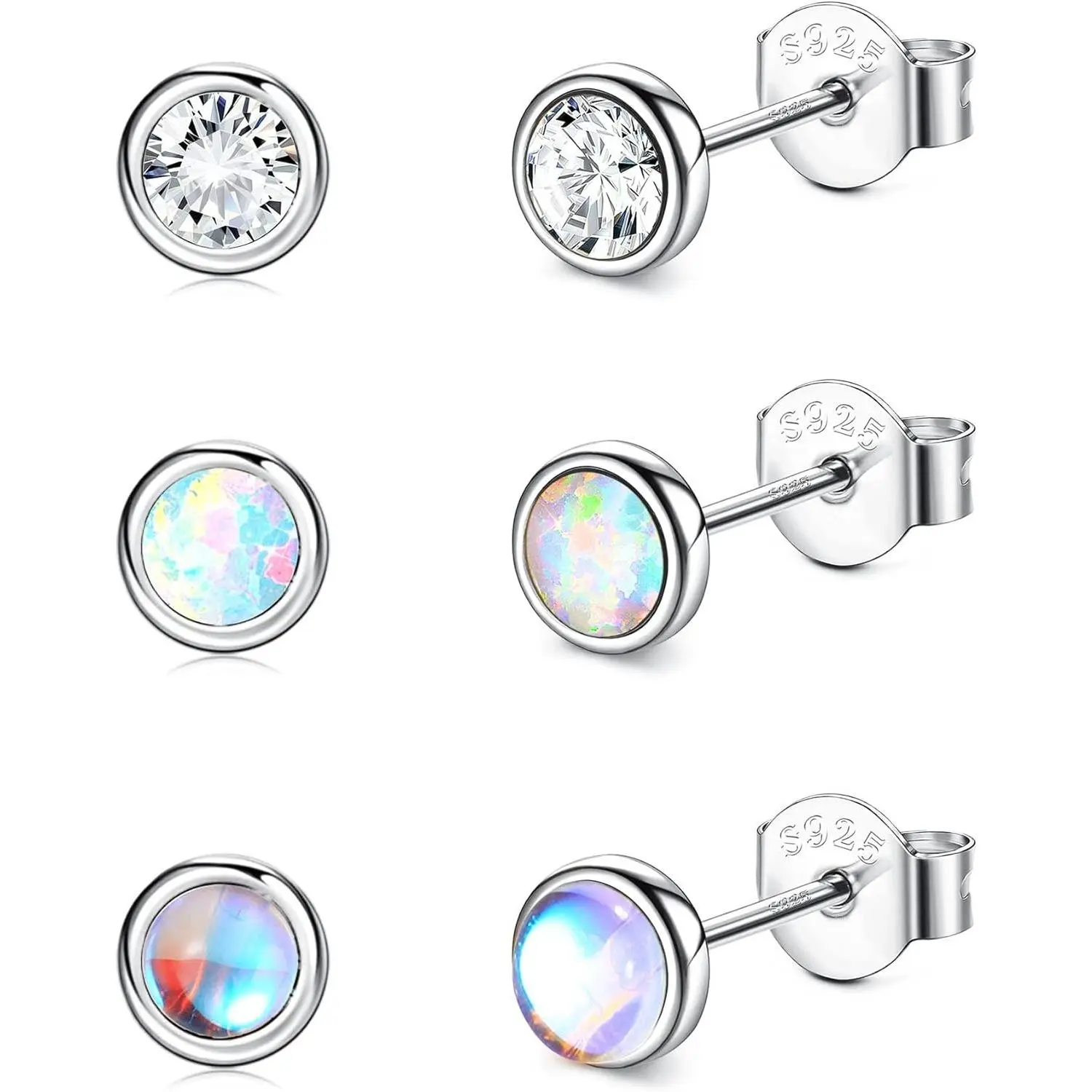 YADOCA 3Pairs Stud Earrings for Women Moonstone Earrings Opal Cubic Zirconia Earrings Tiny Small Earrings Set Hypoallergenic Earrings CZ Piercing Jewelry Gift Size 4mm