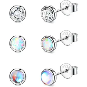 YADOCA 3Pairs Stud Earrings for Women Moonstone Earrings Opal Cubic Zirconia Earrings Tiny Small Earrings Set Hypoallergenic Earrings CZ Piercing Jewelry Gift Size 4mm