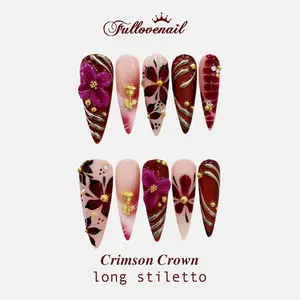 Fullovenail Long Stiletto 10 PCS Crimson Crown Handmade Press on Nail REUSABLE 3D Gel Fake Nails Acylic Press on Nail/Christmas Autumn Fall Winter Peret 2025