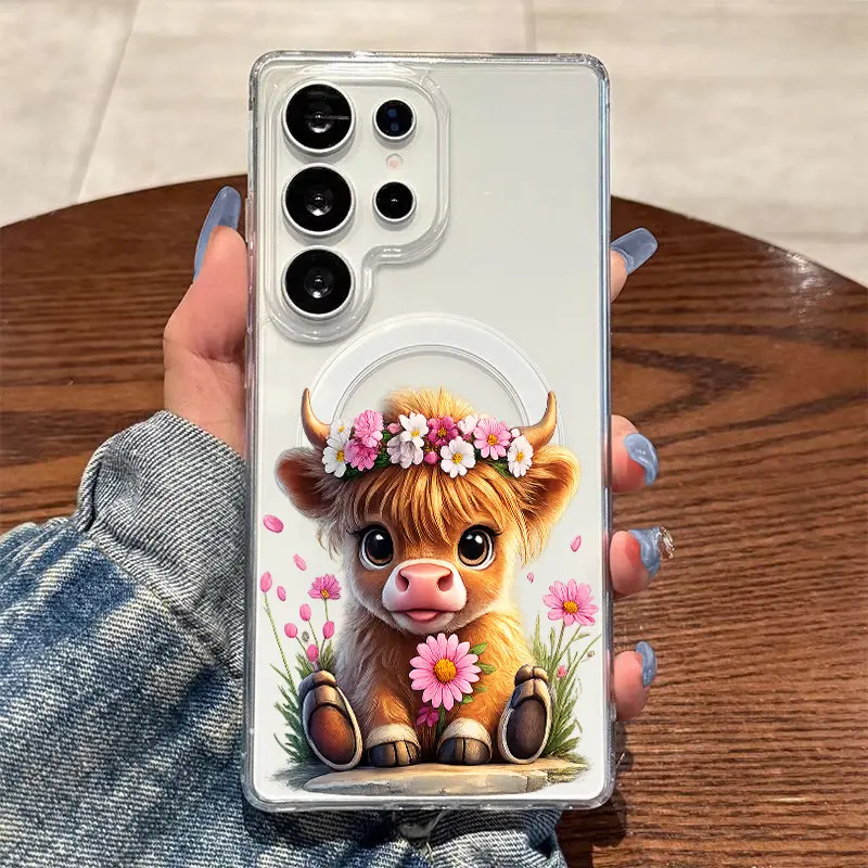 Cute Highland Cow Flower Crown Scene,Magnetic Ring Supports Wireless Charging for Samsung Galaxy S26 S25 S24 S23 S22 S21 S20 Fe Plus Ultra Edge S10E A57 A56 A55 A54 A37 A36 A35 A34 A26 A25 A24 A23 A17 A16 A15 A14 A07 A06 A05s Note20 Note10 Note9, Smartpho