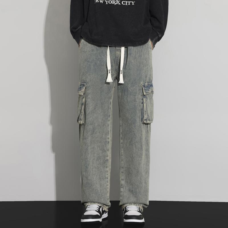 Men's Spring & Autumn Loose-Fit Cargo Jeans, Trendy Retro Light-Wash Casual Trousers, American Street Style Straight-Leg Pants with Large Pockets and Drawstring Waist