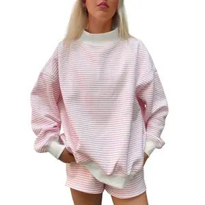 Fisoew Women's Striped 2-Piece Loungewear Set Mock Neck Oversized Sweatshirt & Drawstring Shorts Casual Tracksuit